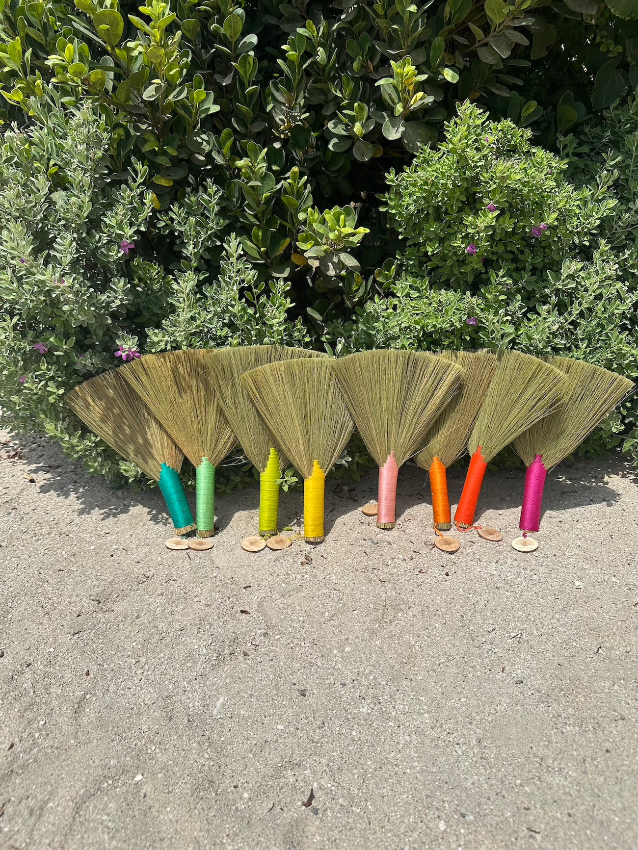 Colorful anti sand brush with wooden handles arranged in a row on a sand surface with greenery in the background.