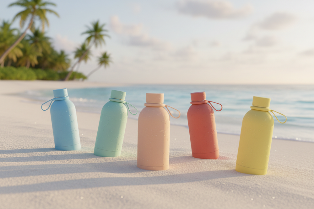 Five matte insulated water bottles in light blue, mint, peach, terracotta, and yellow, arranged on white sand at a tropical island beach with crystal-clear turquoise water and golden sunlight, with water droplets glistening on the bottles.