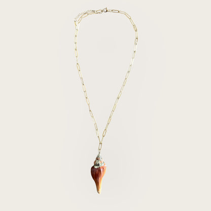 Gold plated statement necklace with orange conch shell