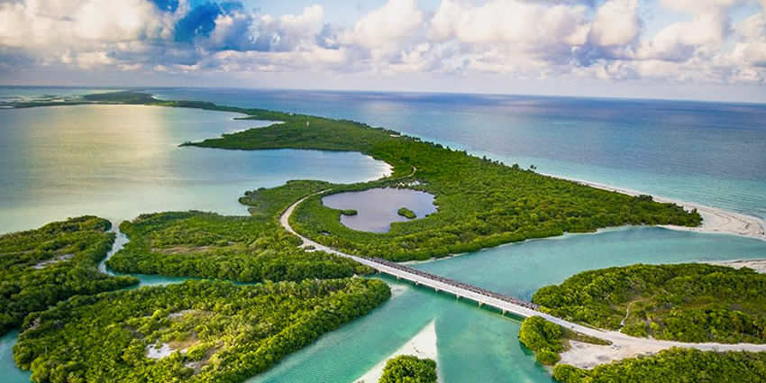 View of the Biosphere reserve in Tulum Mexico with sea